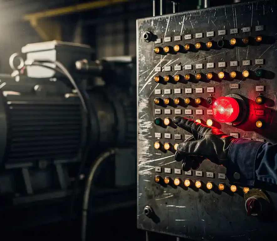 Gehandschoende hand boven rode alarmknop op verweerd industrieel bedieningspaneel met knipperende waarschuwingslichten en elektromotor op achtergrond.