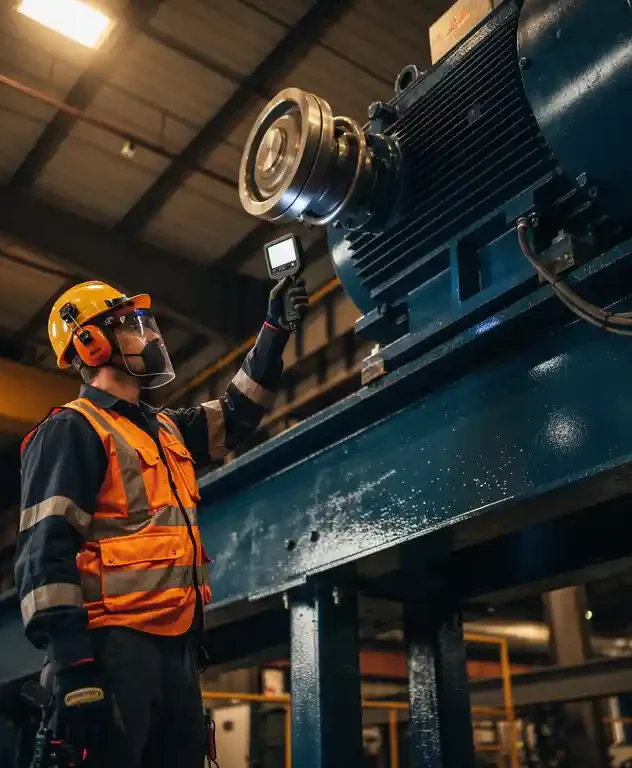 Technicus in oranje veiligheidskleding meet trilling van elektromotor op fabrieksgantry met draadloze probe.