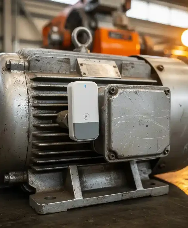 Draadloze vibratiesensor geklemd op industriële elektromotor in betonnen fabriekshal met zware machines op de achtergrond.
