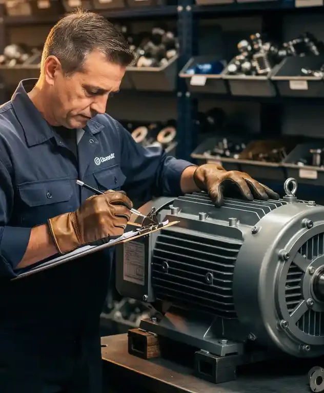 Technicus in marineblauw werkpak inspecteert grote industriële elektromotor met klembord en meetinstrumenten in professionele werkplaats.