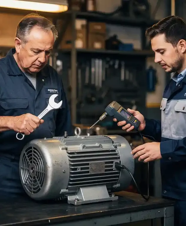 Monteur in overall inspecteert grote elektromotor met sleutel naast EME-specialist die trillingsmeting uitvoert in industriële werkplaats.