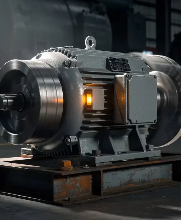 Industriële elektromotor op stalen frame met trillende componenten en losgeraakte bouten, verlicht door amberkleurig waarschuwingslicht in een fabriek.