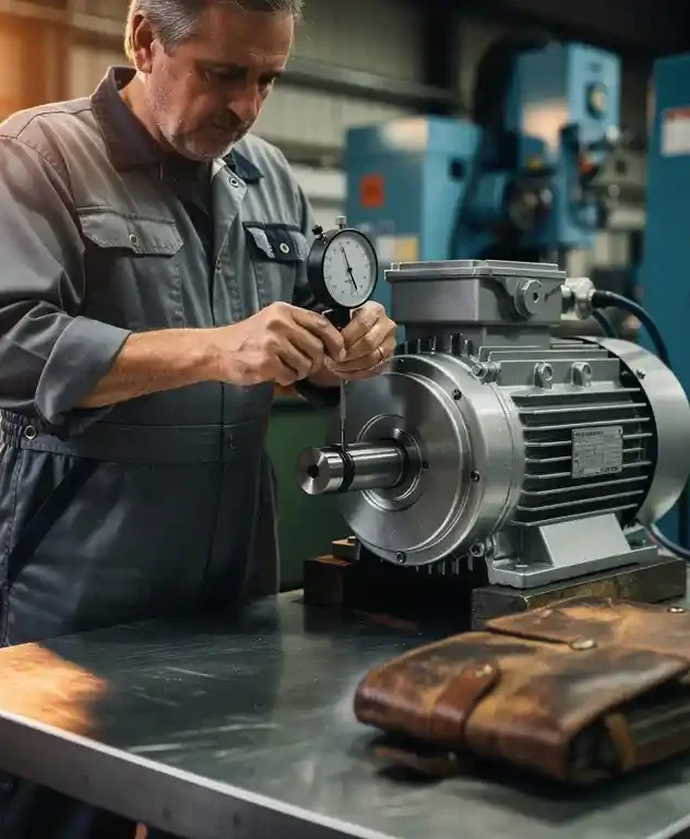 Technicus meet elektromotoras met precisie-meetklok in industriële werkplaats, meetlogboek op stalen werkbank.