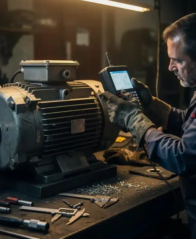 Technicus met werkhandschoenen inspecteert grote industriële elektromotor met meetinstrument in werkplaats met amberkleurig licht.