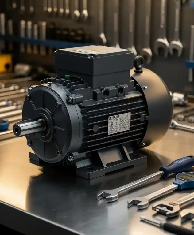 Zware elektrische motor op industriële werkbank omringd door sleutels, kalibratie-instrumenten en meetgereedschap.