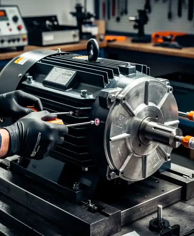 Technicus met handschoenen die sensorprobes op elektromotor behuizing plaatst tijdens trillingsmeting op testbank.