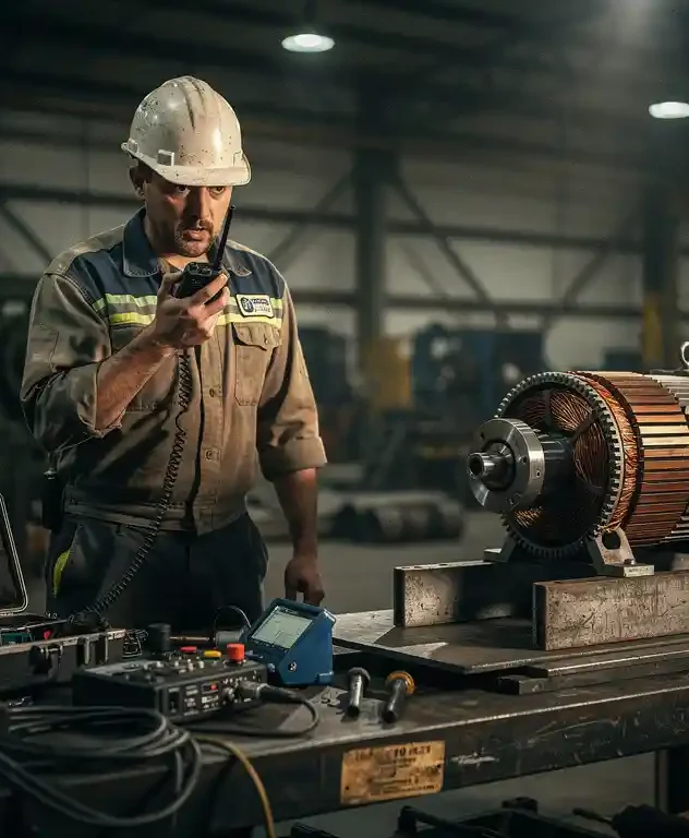 Hoofdtechnicus op industriële fabriekshal roept via radio hulp in, naast gedemonteerde elektromotor met koperen wikkelingen op stalen werkbank.