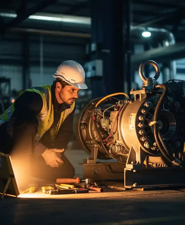 EME-monteur met helm en veiligheidsvest inspecteert industriële elektromotor bij nacht, verlicht door amber werklamp op fabriekshal.