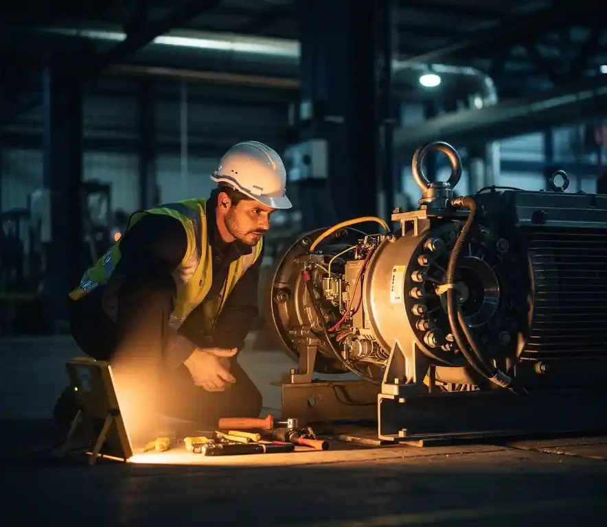 EME-monteur met helm en veiligheidsvest inspecteert industriële elektromotor bij nacht, verlicht door amber werklamp op fabriekshal.