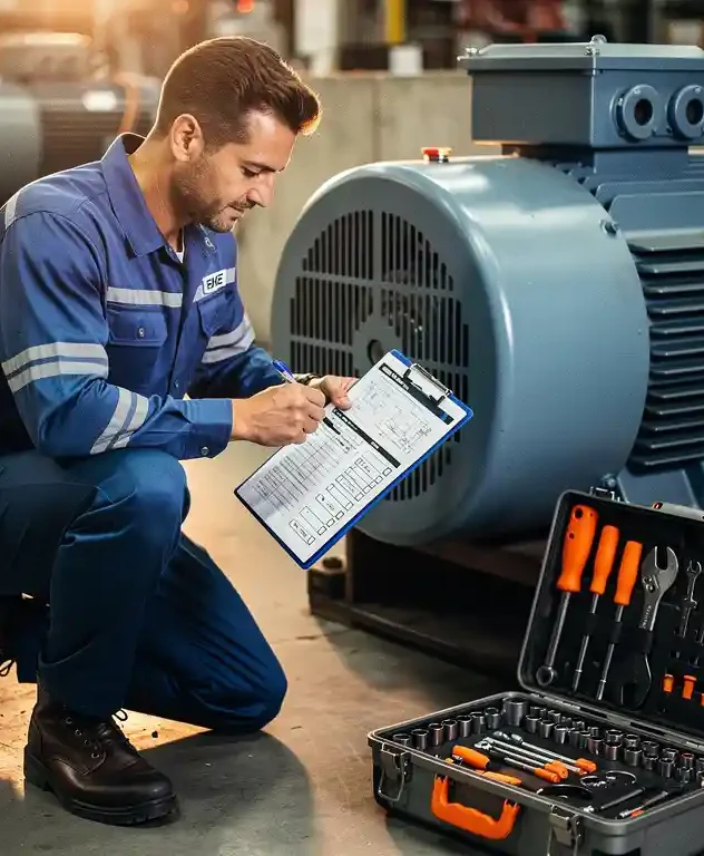 EME-monteur in blauw werkuniform knielt naast industriële elektromotor op fabriekswerkvloer met georganiseerd inspectieklembord en gereedschapskist.