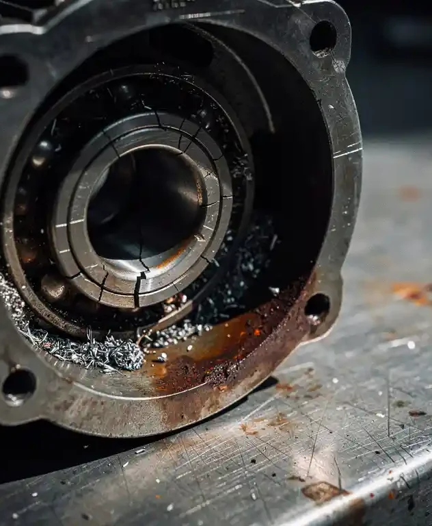 Gebarsten industrieel lager in gedemonteerde elektromotor, omgeven door metaalspanen en corrosie op een versleten stalen werkoppervlak.