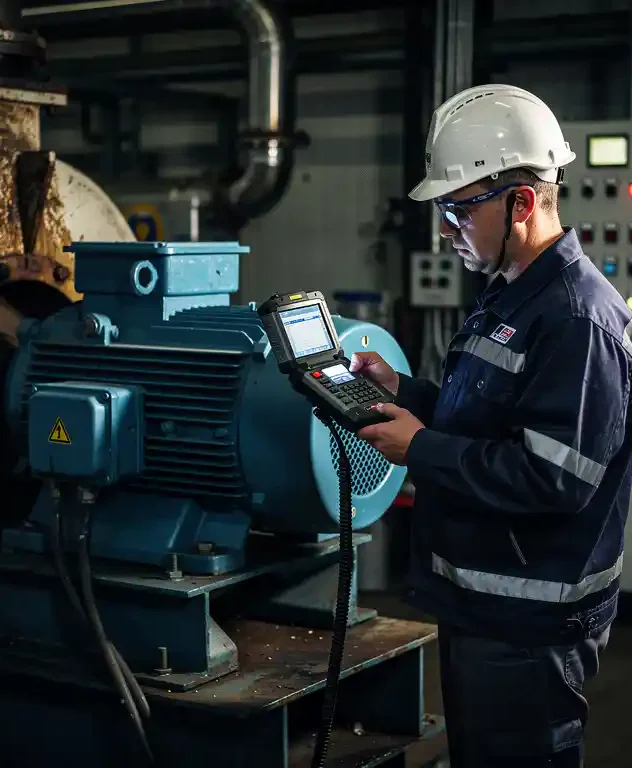 Industrieel analist met helm controleert trillingssensor op handheld apparaat naast grote elektromotor in fabriek.