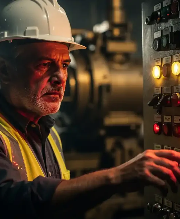 Technicus met helm bestudeert knipperende waarschuwingslichten op industrieel bedieningspaneel, hand boven rode stopknop.
