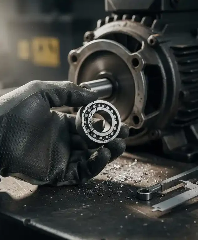 Gehandschoende hand van technicus met gebarsten lager naast draaiende elektromotor, vetsporen en metaalvijlsel op werkoppervlak.