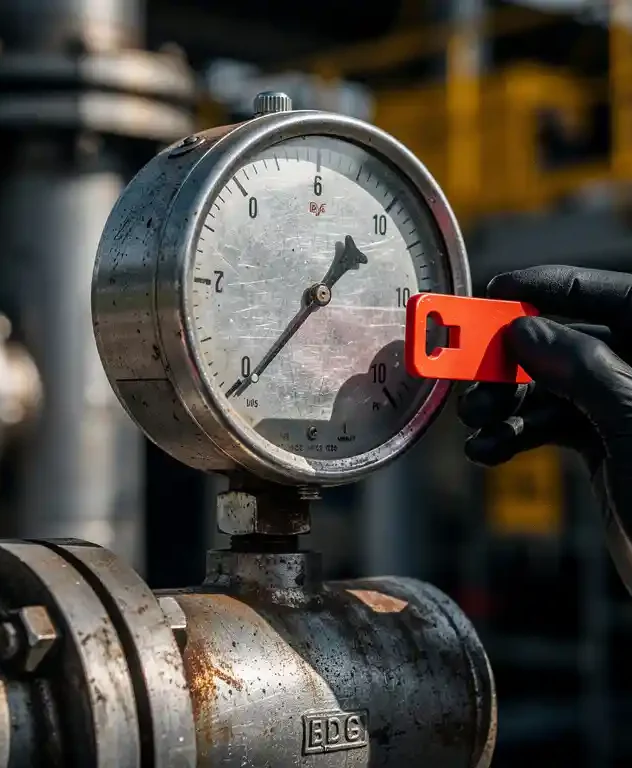 Versleten industriële manometer op stalen pijp, technicus in handschoen stelt rode grensmarkering bij, fabrieksomgeving op achtergrond.