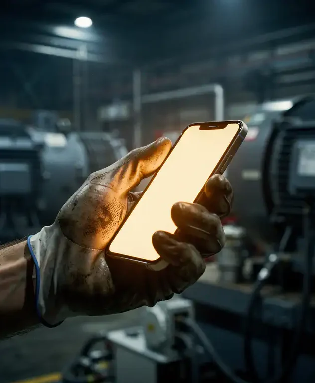Vettige handschoen houdt verlichte smartphone vast in donkere industriële fabriek, grote elektromotoren op de achtergrond.