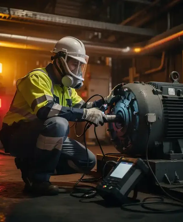 Nachtploegmonteur in beschermende uitrusting met diagnostisch gereedschap naast grote industriële elektromotor, verlicht door oranje alarmlichten.