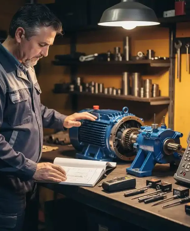 Ervaren technicus bestudeert onderhoudslogboek naast gedemonteerde elektromotor op werkbank, omringd door diagnostisch meetgereedschap.