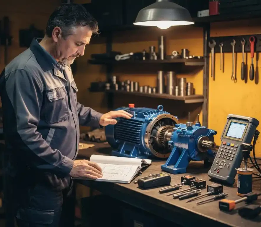 Ervaren technicus bestudeert onderhoudslogboek naast gedemonteerde elektromotor op werkbank, omringd door diagnostisch meetgereedschap.