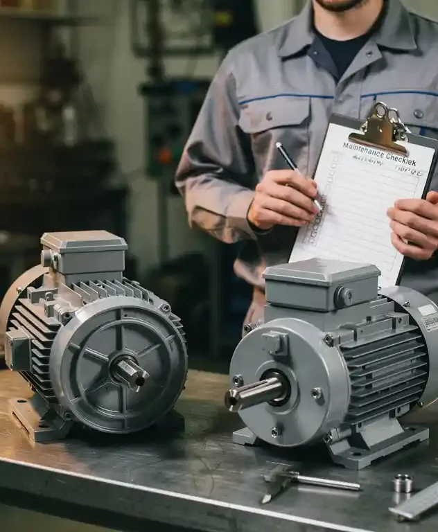 Technicus in industriële werkplaats houdt klembord vast naast twee elektromotoren op stalen werkbank met digitale schuifmaat.