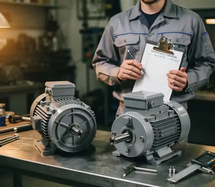 Technicus in industriële werkplaats houdt klembord vast naast twee elektromotoren op stalen werkbank met digitale schuifmaat.