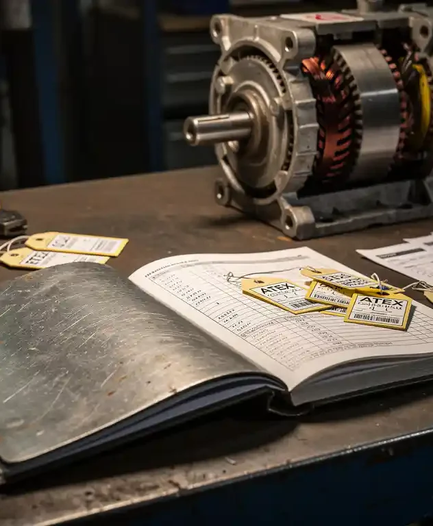 Open onderhoudslogboek op industriële werkbank met ATEX-certificaattags en inspectiechecklists, elektromotor op de achtergrond.