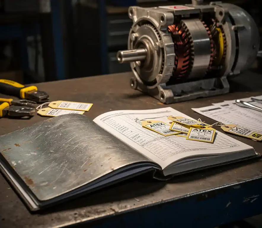 Open onderhoudslogboek op industriële werkbank met ATEX-certificaattags en inspectiechecklists, elektromotor op de achtergrond.
