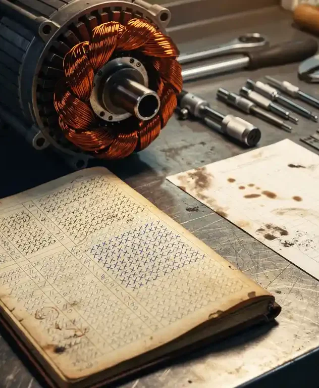 Open onderhoudslogboek met handgeschreven servicerecords naast een gedemonteerde elektromotor met koperen wikkelingen op een stalen werkbank.