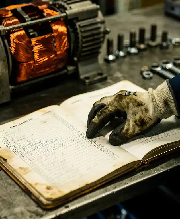 Technicus in vettige handschoen traceert checklistitem in versleten onderhoudslogboek op stalen werkbank, met gedemonteerde elektromotor op de achtergrond.
