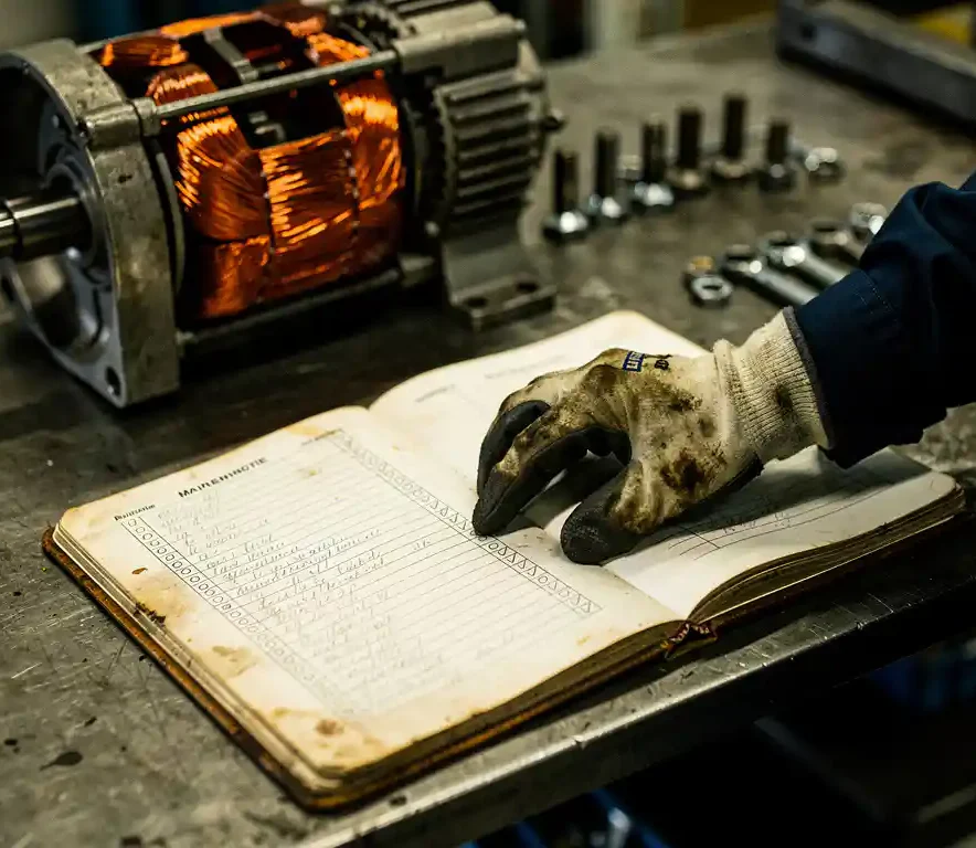 Technicus in vettige handschoen traceert checklistitem in versleten onderhoudslogboek op stalen werkbank, met gedemonteerde elektromotor op de achtergrond.
