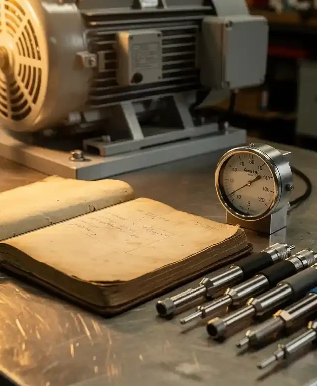 Versleten onderhoudslogboek opengeslagen op stalen werkbank naast urenmeter en trillingsmeters, elektromotor op achtergrond.
