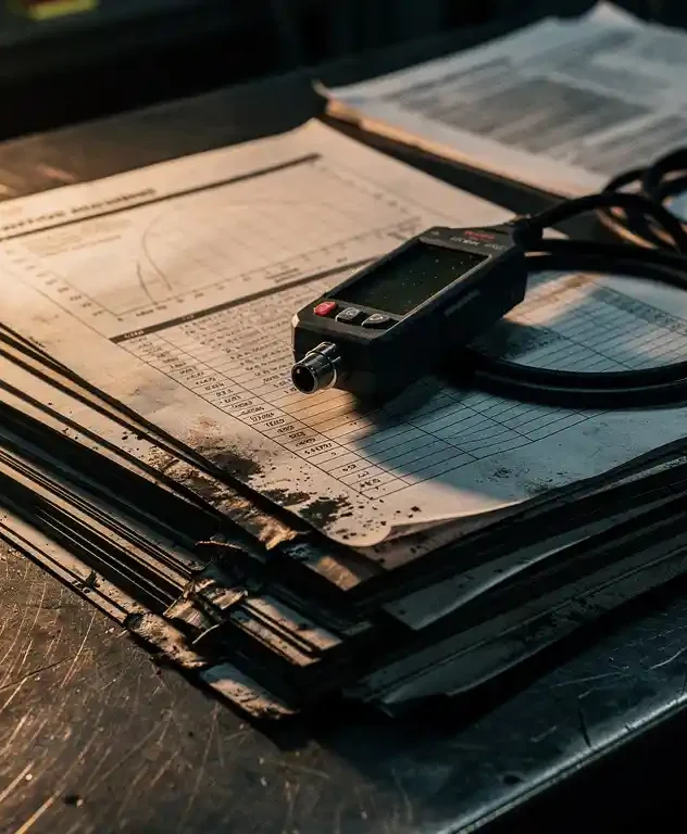 Stapel industriële onderhoudslogboeken en trillingsmetingsgrafieken op stalen werktafel, met digitale sensorprobe en vettige pagina's in dramatisch zijlicht.
