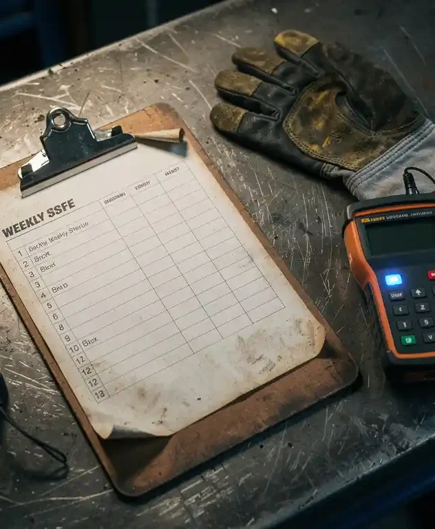 Verouderd onderhoudsklembord met weekschema op stalen werkbank, naast vibratiesensor en diagnostisch apparaat, vette handschoenen ernaast.