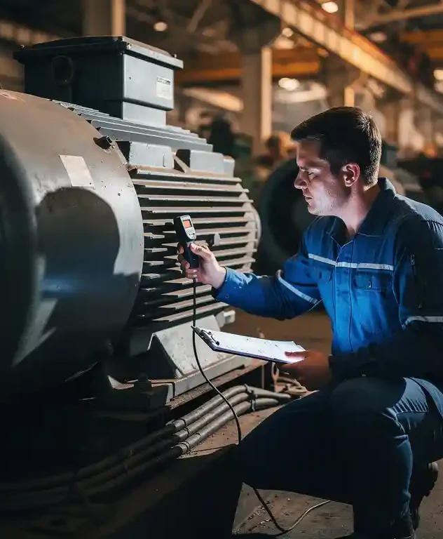 Onderhoudsmonteur in blauw werkpak meet temperatuur van industriële elektromotor met probe en klembord op fabrieksvloer.