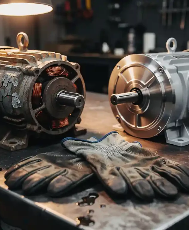 Versleten industriële elektromotor naast nieuw vervangingsmodel op stalen werkbank, met ingevette handschoenen van technicus ertussen.