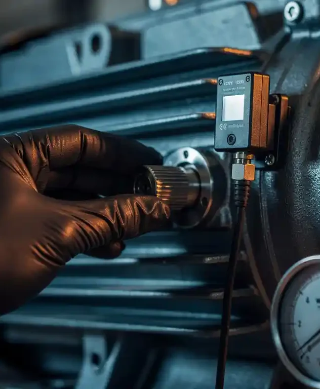 Gehandschoende technicus stelt precisiedraaiknop af op industriële elektromotor met trillingsensor en analoge meter op de achtergrond.