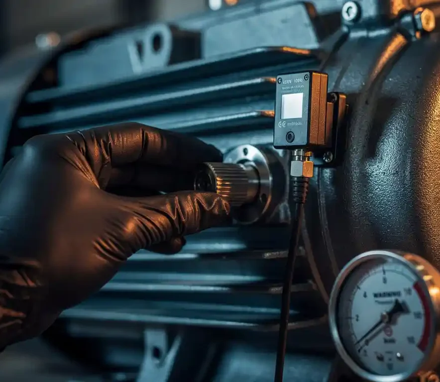 Gehandschoende technicus stelt precisiedraaiknop af op industriële elektromotor met trillingsensor en analoge meter op de achtergrond.
