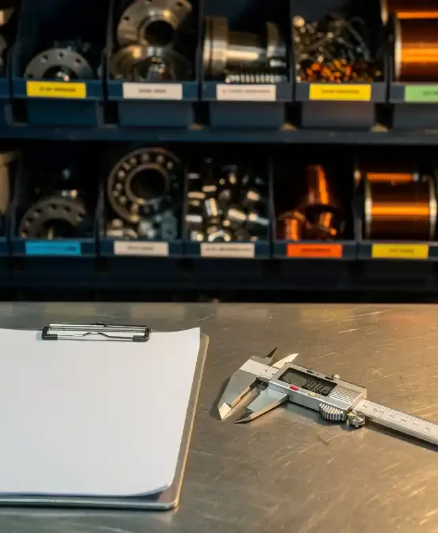 Georganiseerde industriële reserveonderdelenplank met elektromotoronderdelen, lagers en koperen spoelen, klembord en schuifmaat op stalen werkbank.