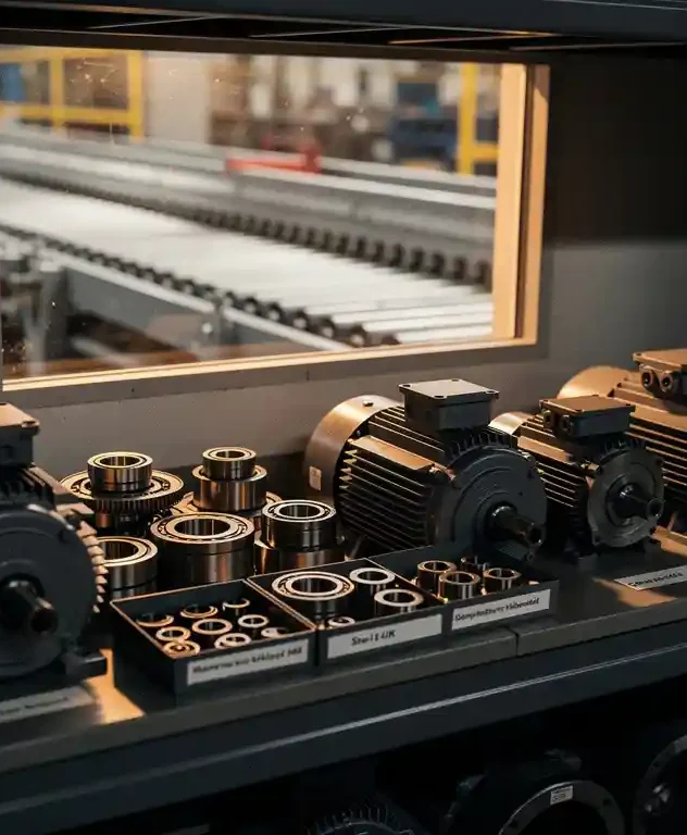 Stalen rek met reserveonderdelen zoals elektromotoren, lagers en versnellingsbakken in industriële opslagruimte, lopende band op achtergrond.