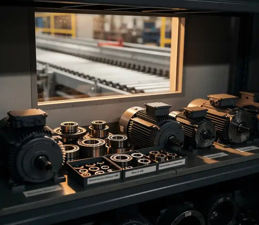 Stalen rek met reserveonderdelen zoals elektromotoren, lagers en versnellingsbakken in industriële opslagruimte, lopende band op achtergrond.