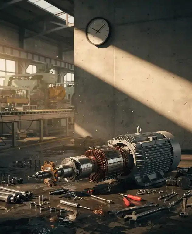 Gedemonteerde industriële elektromotor op werkvloer met verspreide gereedschappen, stilgelegde productielijn en klok op betonnen muur op de achtergrond.