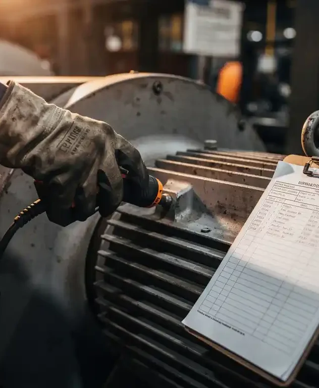 Technicus in vettige handschoen houdt vibratiesensor tegen elektromotor op fabriekshal, onderhoudsformulier op klembord op de achtergrond.
