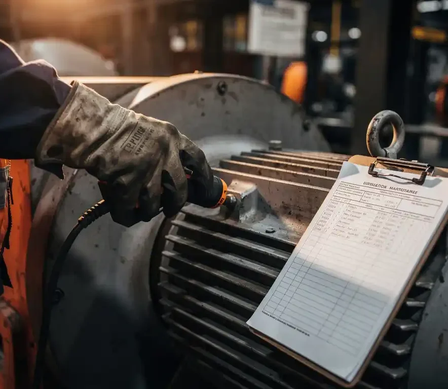 Technicus in vettige handschoen houdt vibratiesensor tegen elektromotor op fabriekshal, onderhoudsformulier op klembord op de achtergrond.