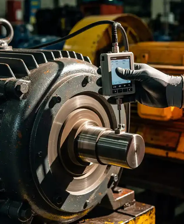 Vibratieanalysesensor geklemd op industriële elektromotor, technicus in handschoen stelt apparaat af op fabriekshal vloer.