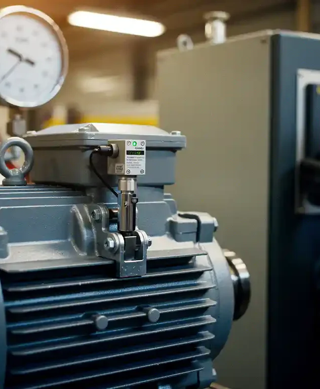Precisie trillingssensor geklemd op industriële elektromotor, technicus stelt frequentieregelaar af, fabriekssetting met warm staalkleurig licht.