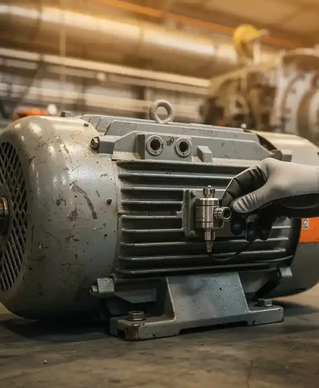 Technicus bevestigt trillingsensor op verweerde industriële elektromotor in fabriek met warme amberkleurige verlichting.