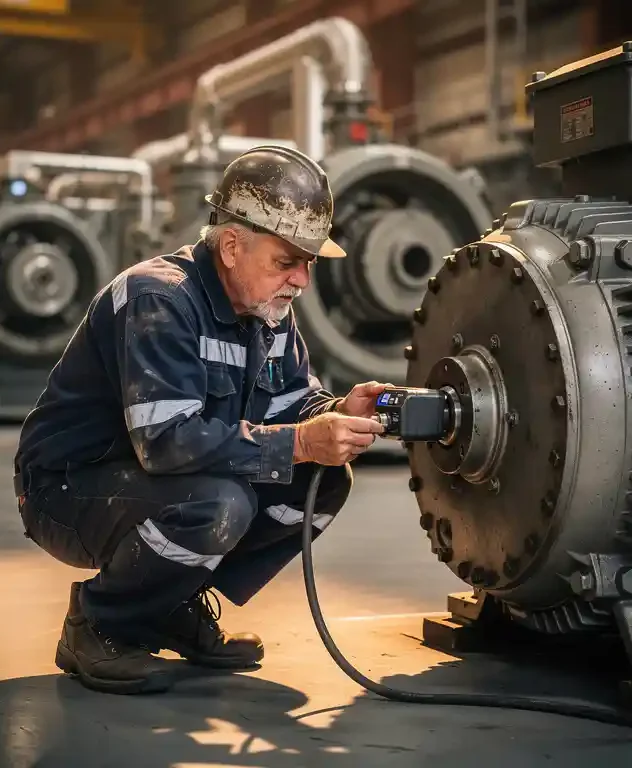 Technicus bevestigt trillingsensor op grote elektromotor in fabriek, omgeven door zware roterende machines.