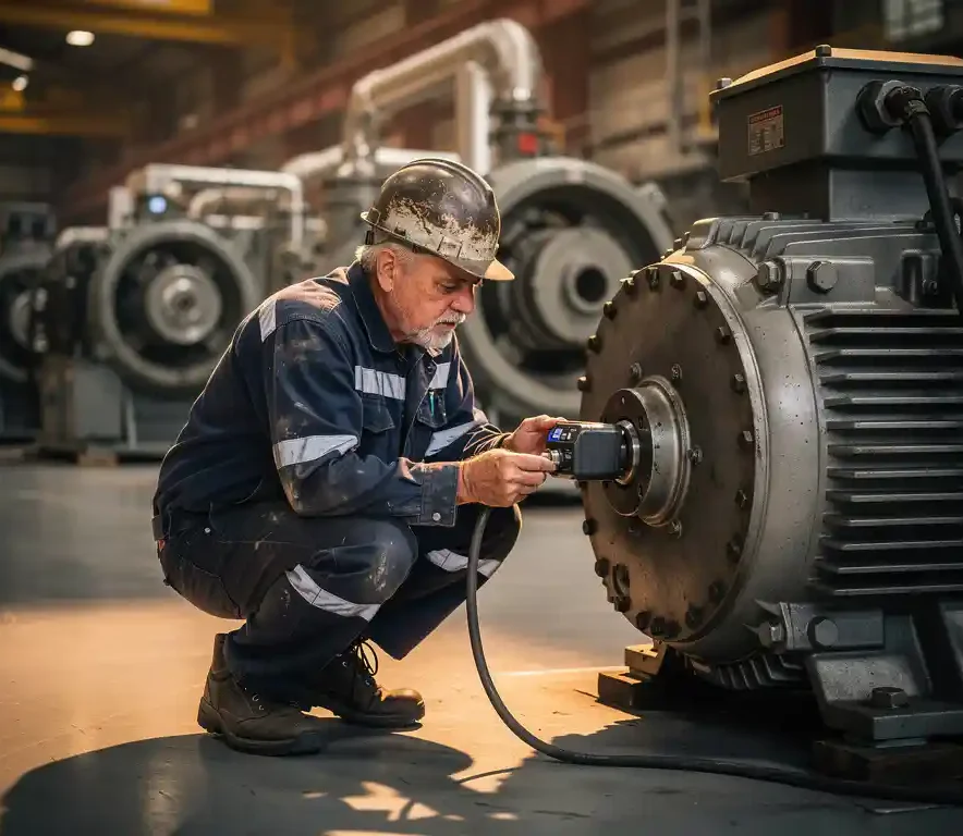 Technicus bevestigt trillingsensor op grote elektromotor in fabriek, omgeven door zware roterende machines.