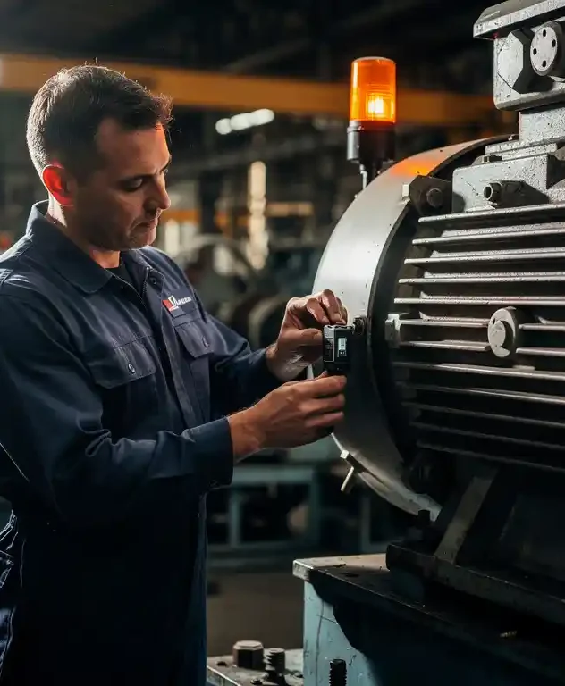Technicus bevestigt vibratiesensor op grote industriële elektromotor in fabriek, zware machines op achtergrond.