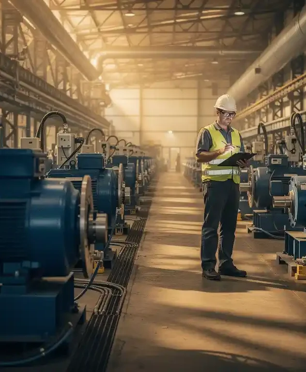 Technicus met helm inspecteert klembord bij elektromotor op fabriekshal met trillingssensoren op roterende machines.